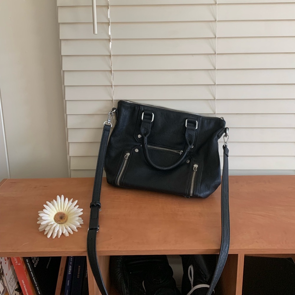 Black vegan faux leather tote bag